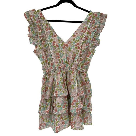 Love The Label Ines Ivory Tiered Ruffle Skirt Mini Dress Floral Ivory Medium NWT - Picture 7 of 11